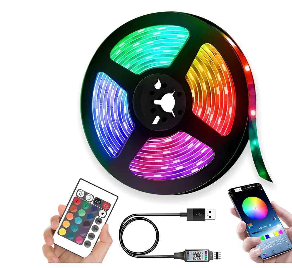 RGB LED strip lights with Bluetooth controller showing colour changing capability and flexible installation