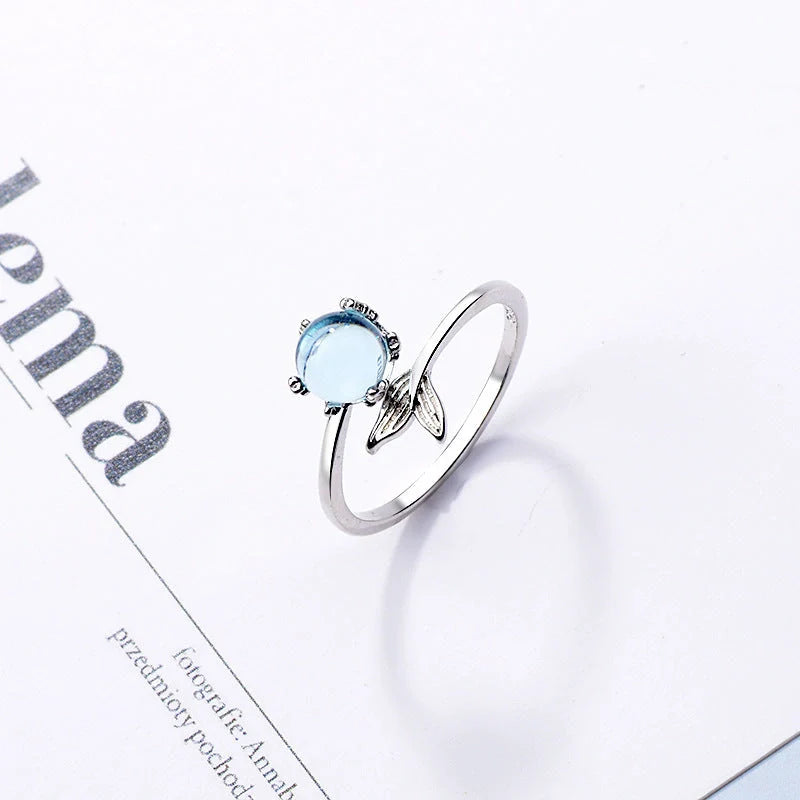 Adjustable mermaid tail ring in silver with zircon inlays