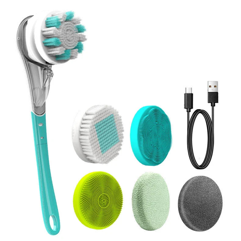 6-in-1 Electric Bath Brush with Silicone Heads, 3 Cleaning Modes, and Long Handle for Full-Body Cleansing and Massage