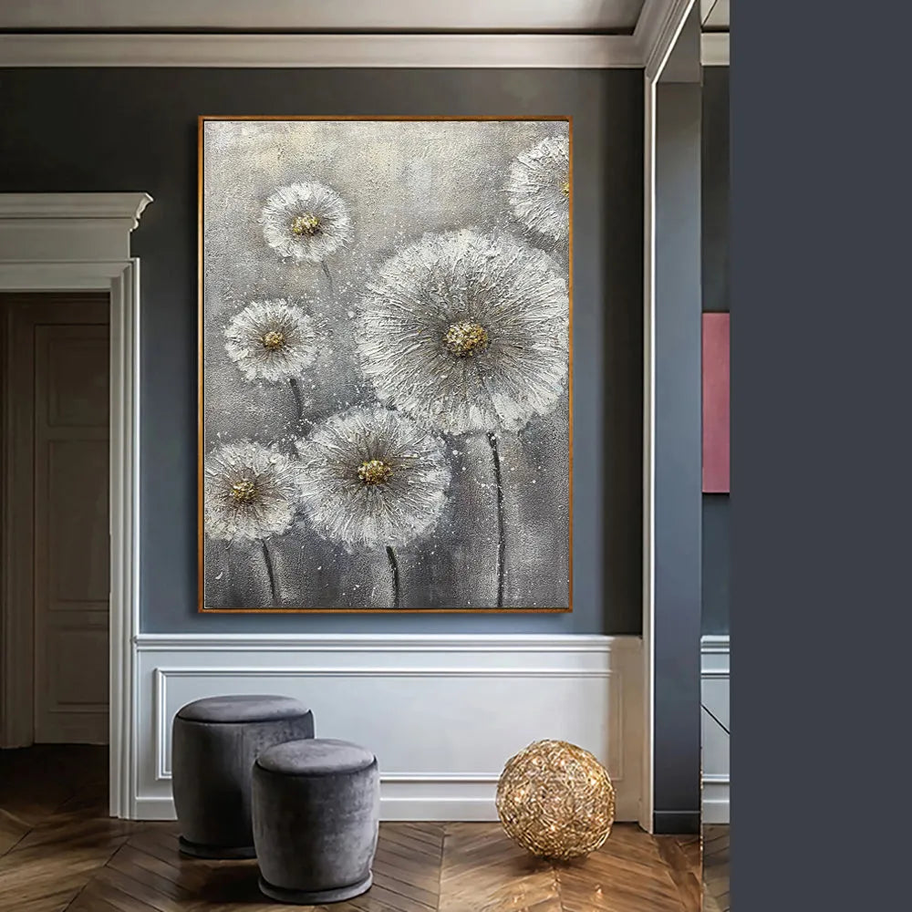 Hand painted white flower plant oil painting on grey canvas, large vertical unframed wall art