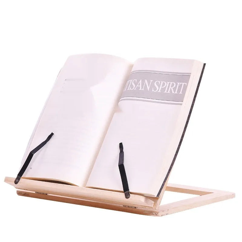 Large wooden reading book easel in pine with iron clamp, 31x24 cm, holding an open book on a desk