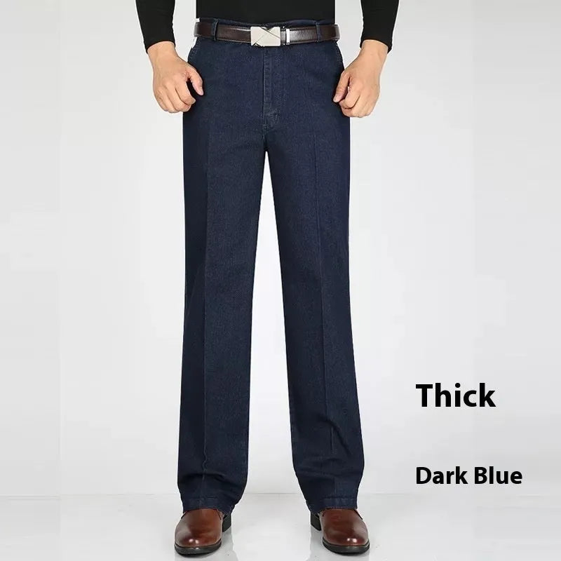 Men's high waist loose blue jeans with zip fly in light, medium and dark colour options