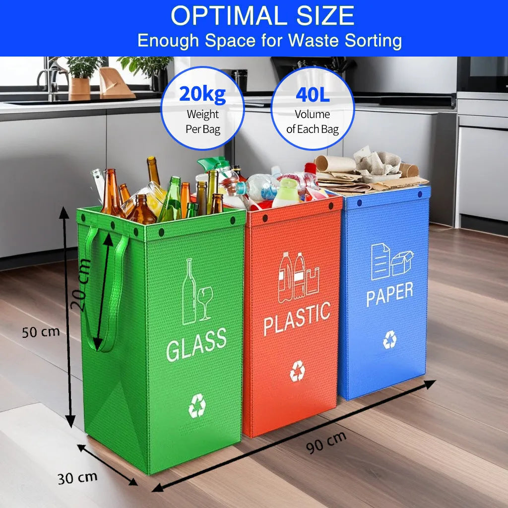 40-litre polypropylene rubbish bag showing 30x50x30cm dimensions and colour options including blue, green, and grey variations