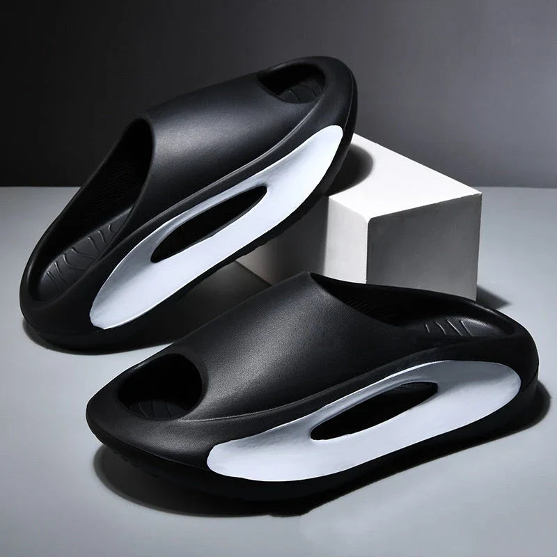 Stylish unisex beach slippers with peep-toe design in various colors including black, white, and khaki