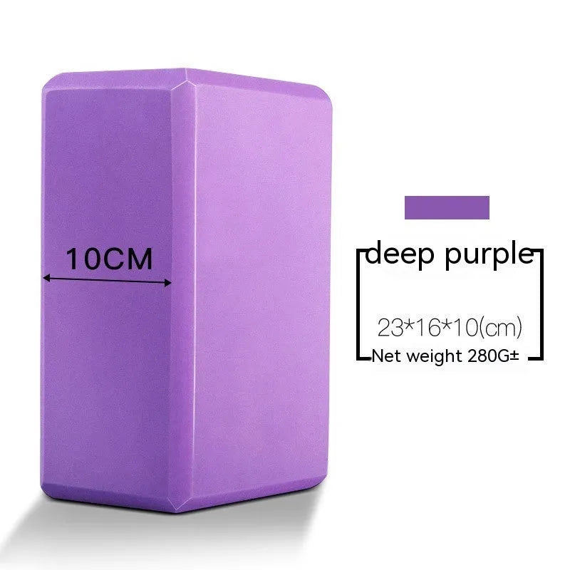 High-density EVA foam yoga block in violet colour, shown next to a pink block with a cartoon bunny print.