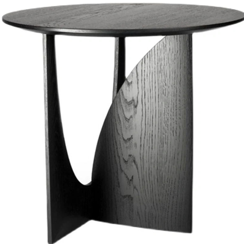 Round solid wood bedside table with geometric legs in walnut finish measuring 50cm diameter