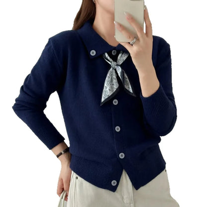 Lazy Fashion grey cardigan sweater with an attached scarf lapel, long sleeves, and an oversized free-size fit.