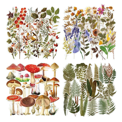 Enchanting collection of transparent floral, mushroom, and fern stickers for DIY crafting and design