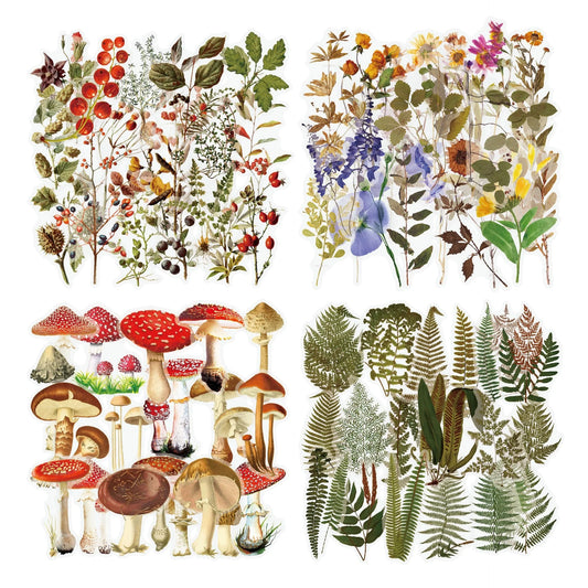 Enchanting collection of transparent floral, mushroom, and fern stickers for DIY crafting and design