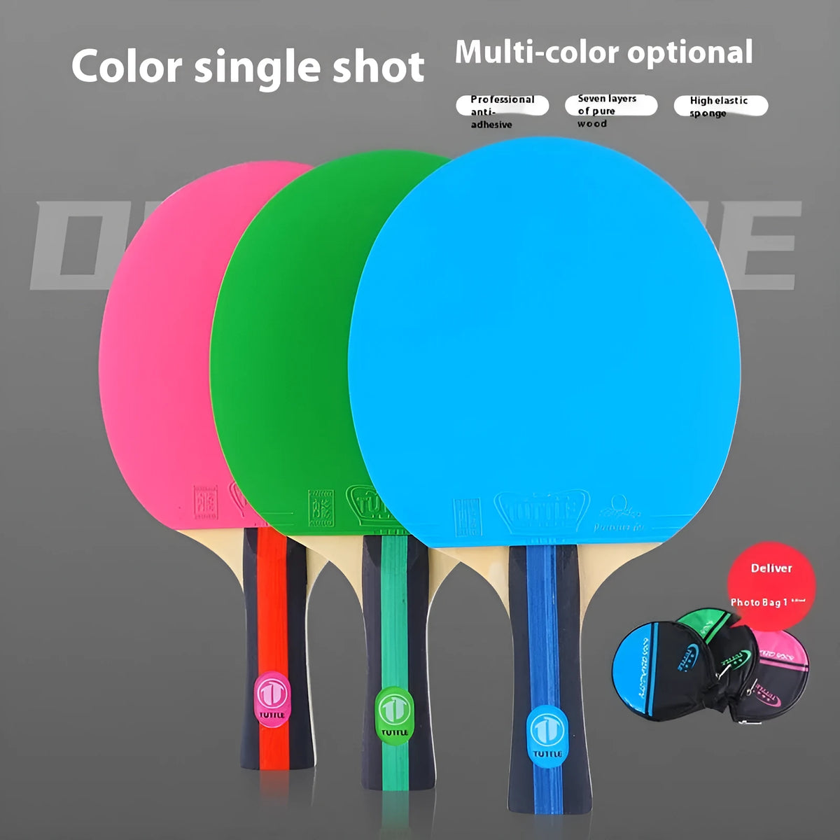 Single pack table tennis racket with high-elastic wood blade and racket cover, shown with pink shakehand grip.
