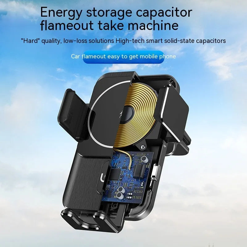 Black 15W wireless car charger phone holder showing clip and suction cup bracket options.