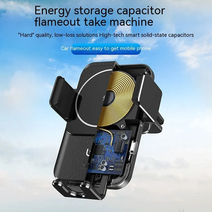 Black 15W wireless car charger phone holder showing clip and suction cup bracket options.