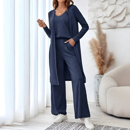 Solid blue three-piece suit with trousers, top, and suspenders in Japanese and Korean casual style