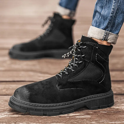 Men's vintage-style Martin boots in black with round toe, low thick heel, and frosted microfiber leather upper.