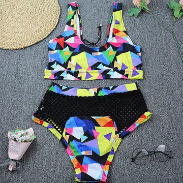 Women's checkered multicolor bikini with cross strap top and fishnet high waist briefs
