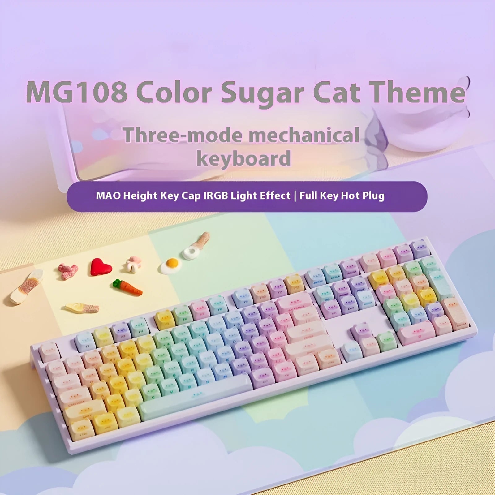 MG108B Coloured Sugar Cat themed mechanical keyboard with piano shaft switches on a desk.