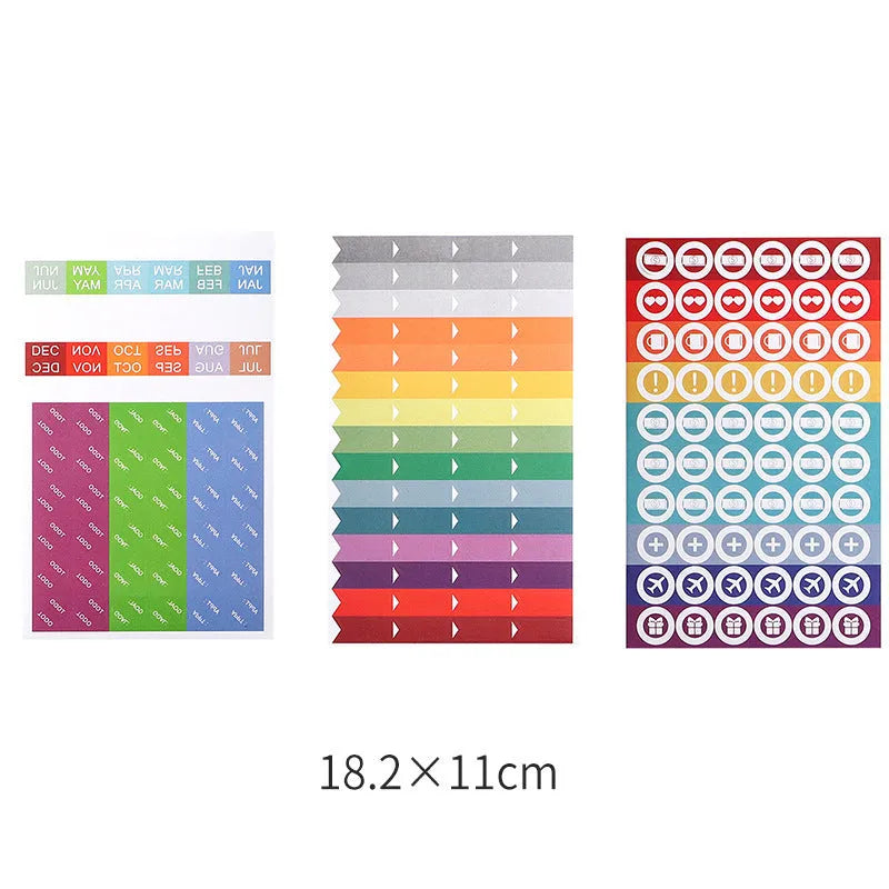 Handwritten label adhesive sticker set showing grid layouts, sticky notes, and A6 rulers on paper