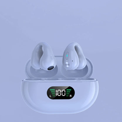 Bone conduction Bluetooth earphones with powerful bass, comfortable ear clip design, and long-lasting battery life