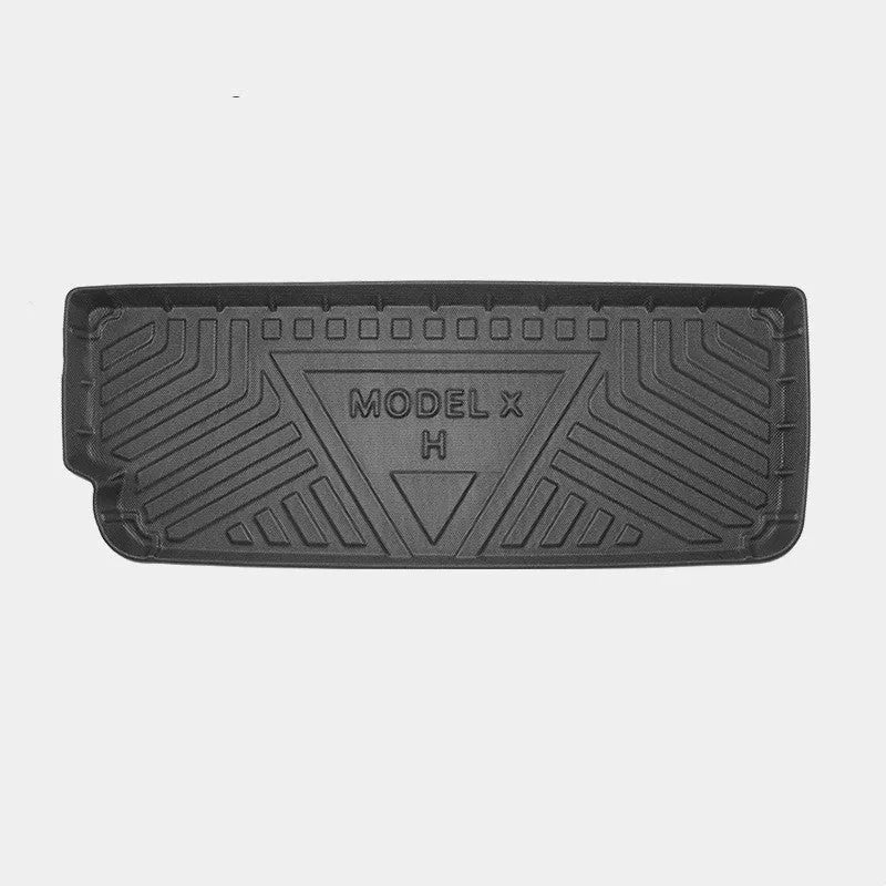 Tesla Model X waterproof car mats set showing front, rear, and tailbox protection for 2016-2023 vehicles
