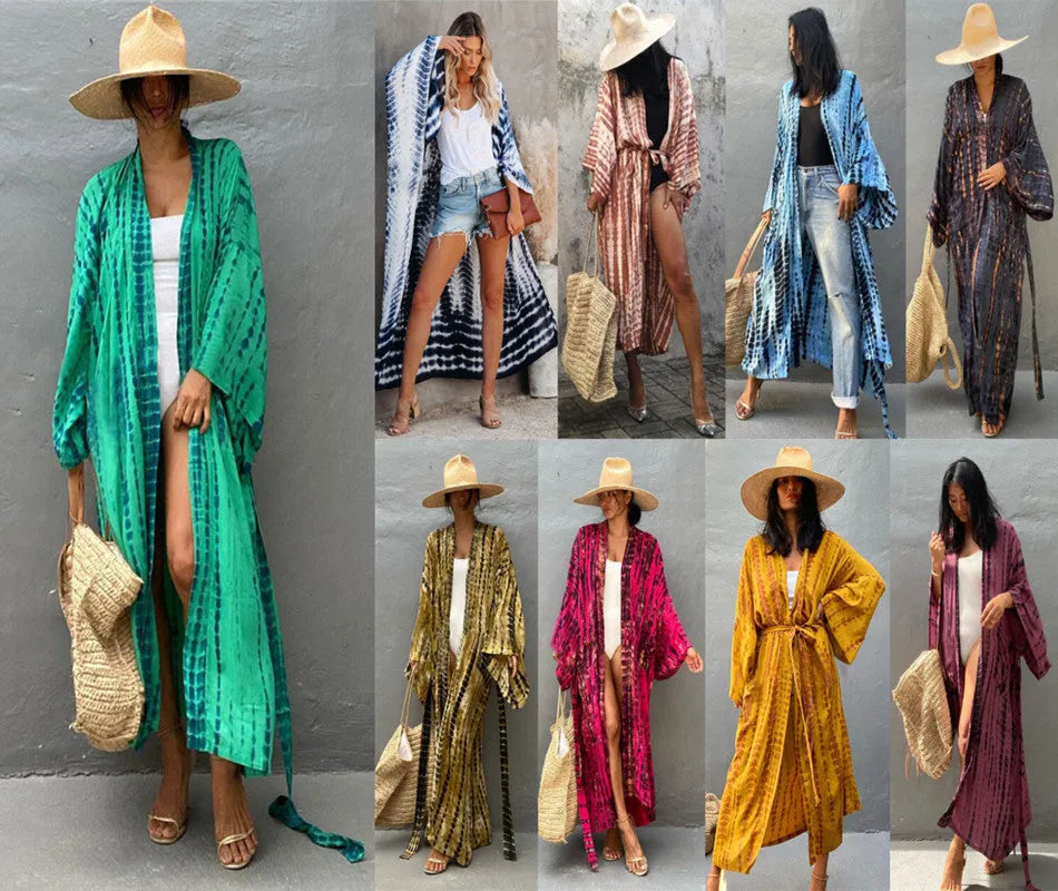 Printed loose beach cover-up shirt with long sleeves in cotton fabric for sun protection