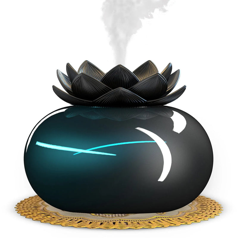 Lotus Aromatherapy Humidifier with USB power supply: Ultrasonic operation, 36dB noise level, and 2W power consumption for efficient moisture replenishment in small spaces.