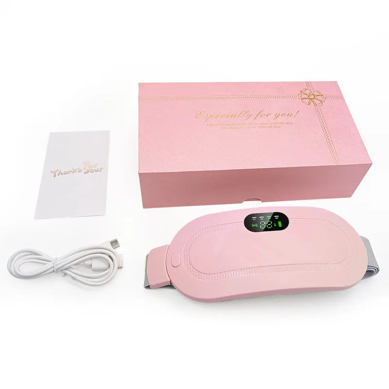 Smart electric heating and vibration massage waist belt with USB charger and screen display controller.