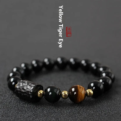 Handcrafted obsidian and tiger eye bead bracelet with 10mm diameter stones