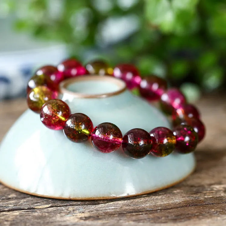 Women's Fashion Bracelet with Genuine Crystal Beads in 6mm, 8mm, 10mm, or 12mm Sizes for Casual Wear Featuring a Watermelon Crystal Charm and Handmade Pastoral Design