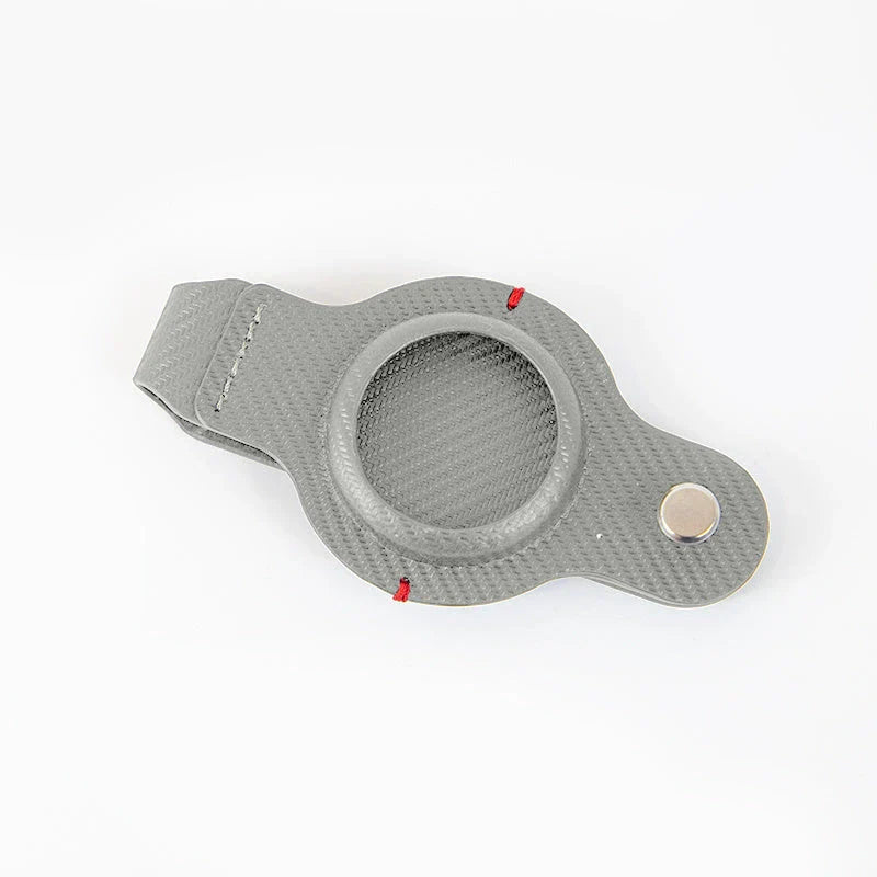 Premium PU leather AirTag keychain holder in black and grey colors for secure tracking of valuables