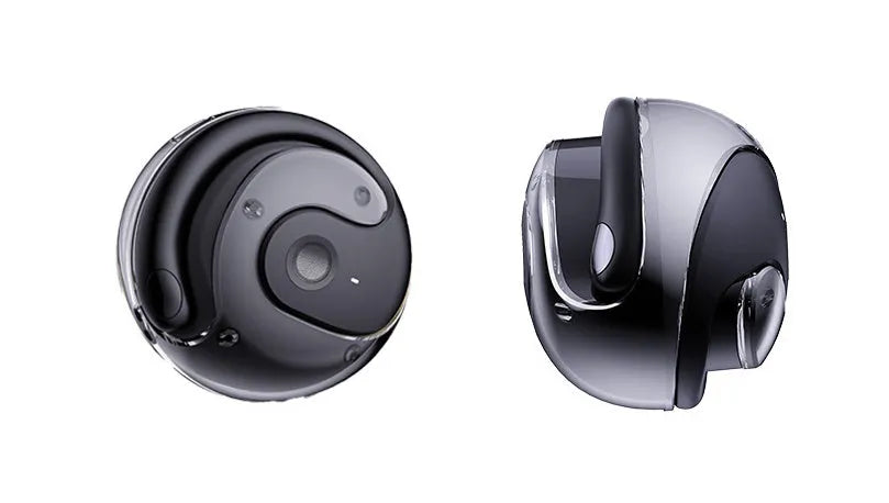 Small Coconut Ball wireless Bluetooth ear-hook headset with bone conduction, shown in Black, Milky White or Violet PC ABS