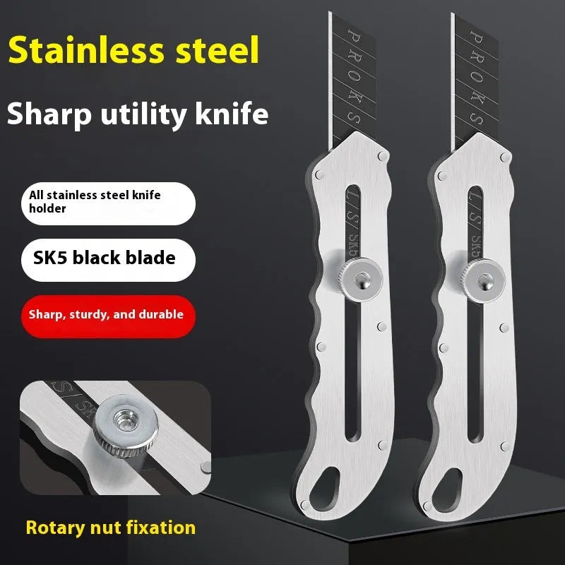 Stainless steel folding art knife with black blade and replacement blades
