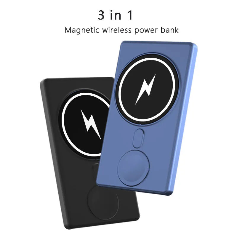Black ultra-thin magnetic wireless charging power bank showing iPhone attached and iWatch cable connected
