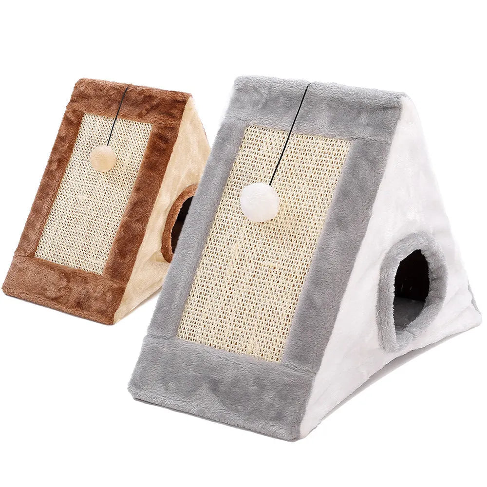 Grey and white triangle-shaped cat scratching post with an integrated soft cat bed.