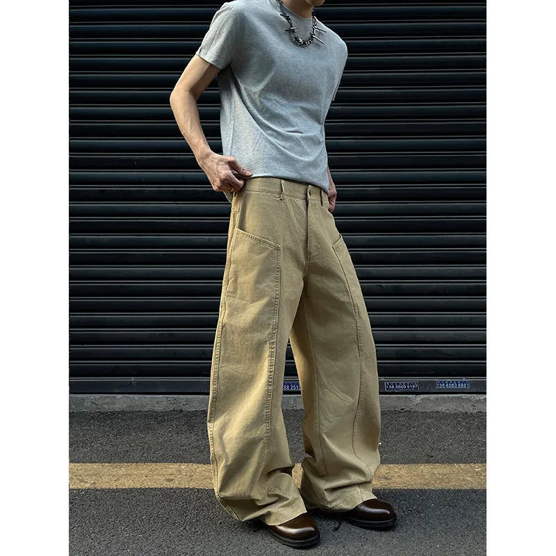 Men's casual trousers cotton American retro solid colour straight-leg pants in khaki available in sizes S M L XL 2XL 3XL with classic inelastic fit for everyday wear