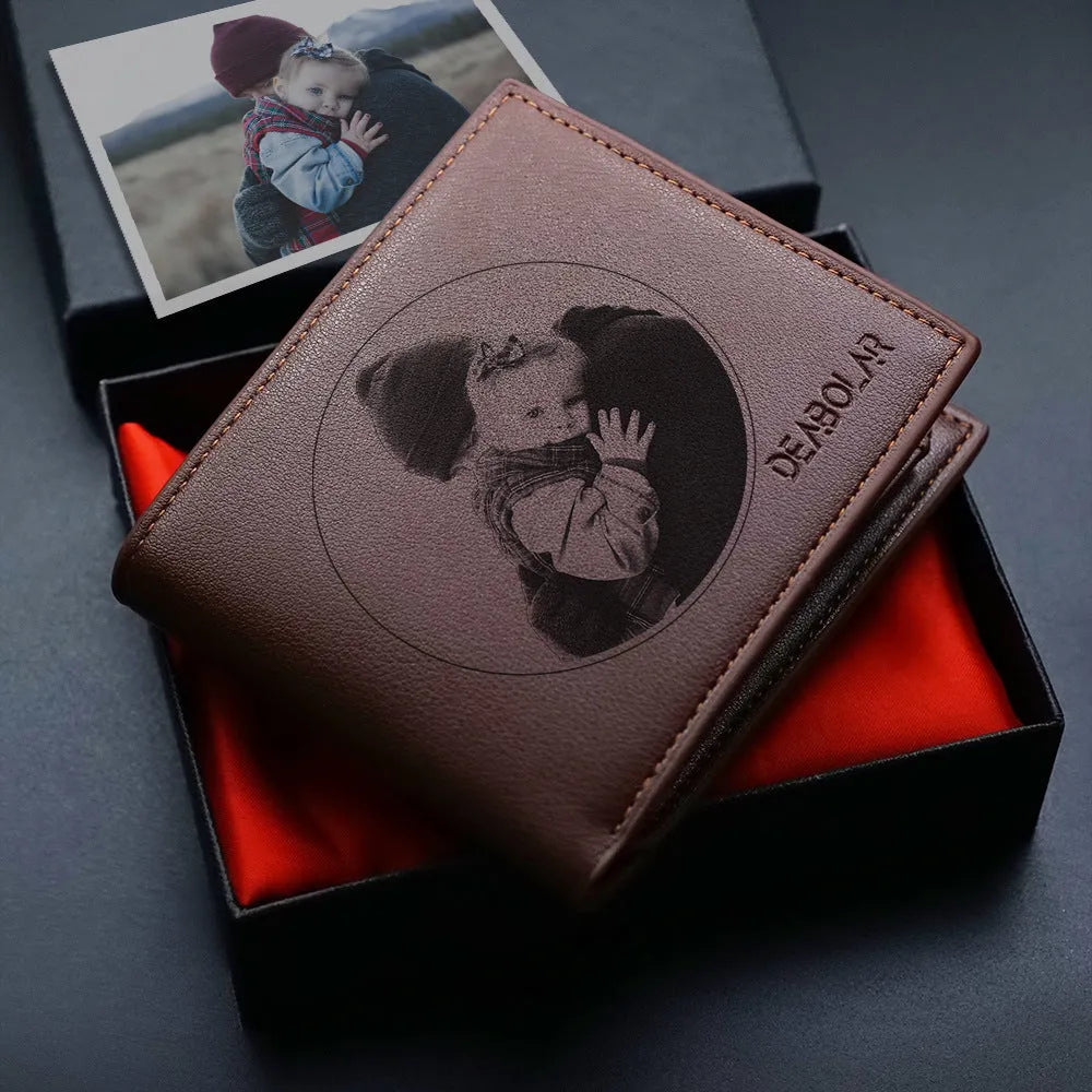 Men's leather wallet with zipper closure, presented in individual packaging.