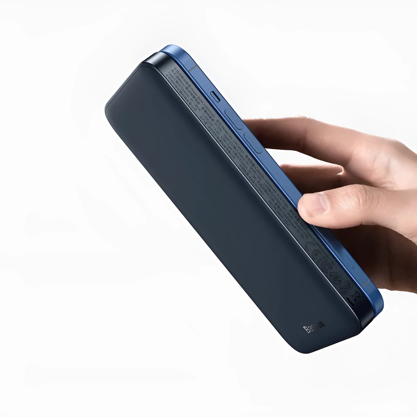 Blue magnetic wireless 10000mAh mini power bank with square aluminium shell design.