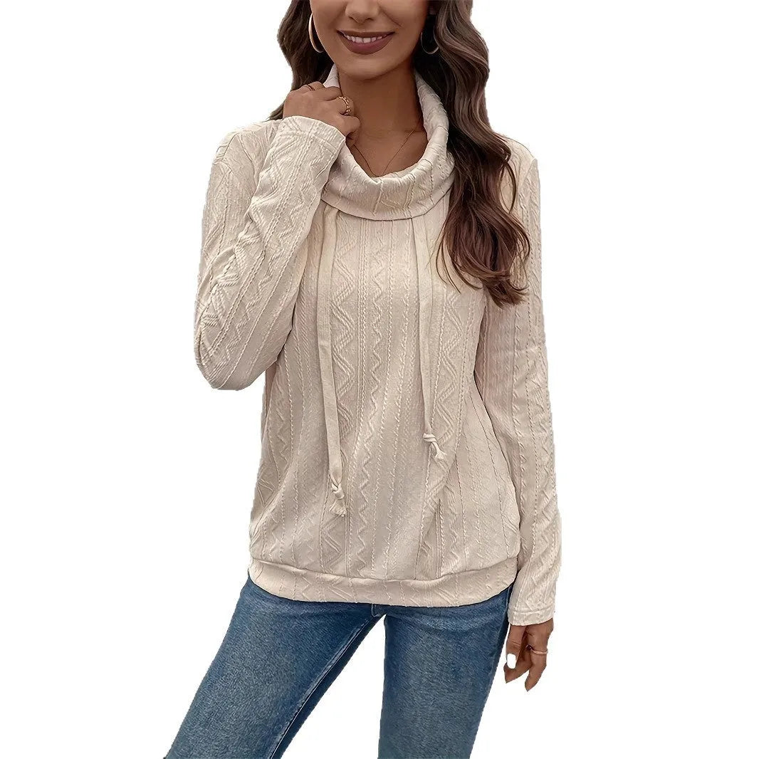 Apricot coloured women's hooded pullover sweater with drawstring and long sleeves