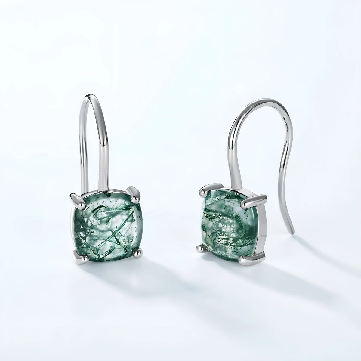 Green moss agate stud earrings in 925 silver with 8 x 8mm geometric quadrilateral stones