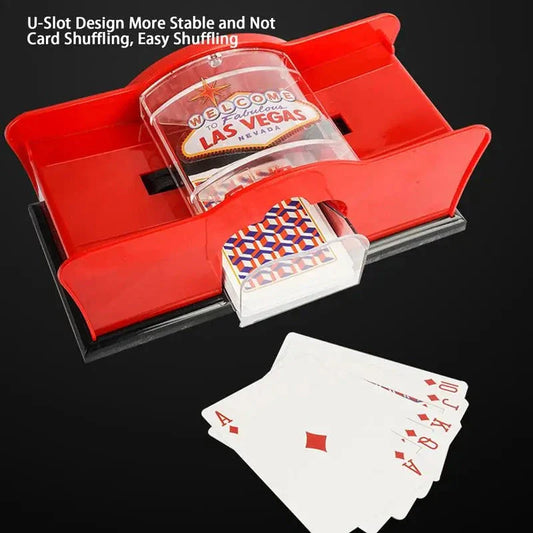 A manual card shuffler made of durable ABS material with a smooth hand crank for easy shuffling of playing cards for poker, blackjack, and other card games.