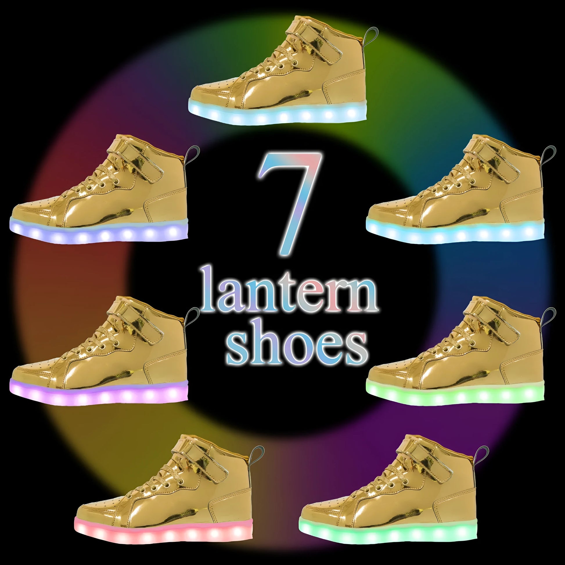 LED light-up high-top board shoes with velcro fastening in black, gold and white colours