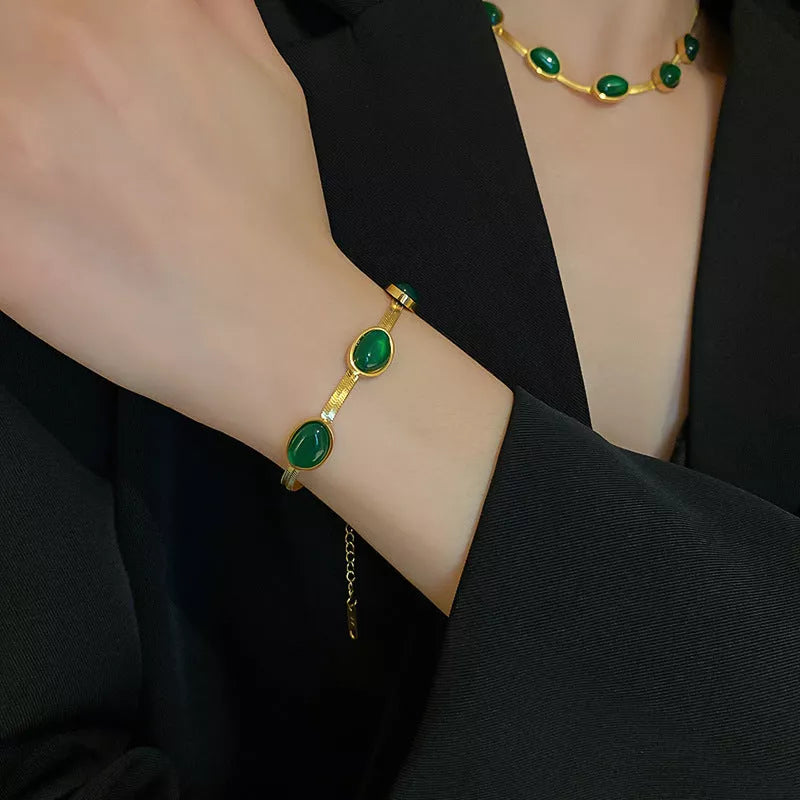 Boho green stone crystal snake chain multilayer necklace and bracelet set for women