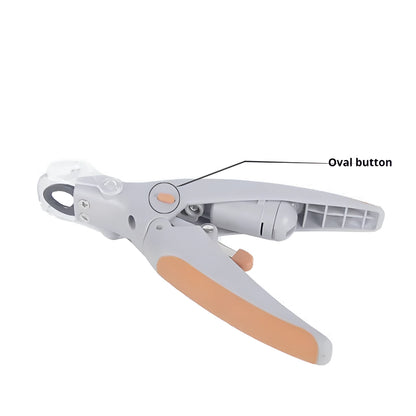 White plastic pet nail clipper with LED light on blister card packaging.