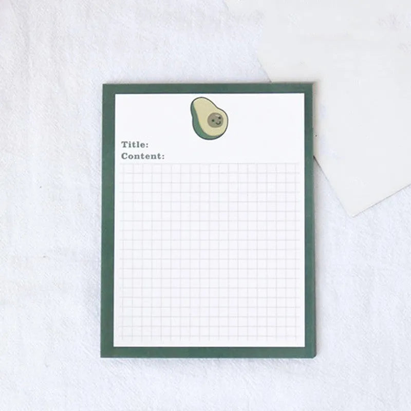 Cartoon design sticky note pads in avocado, bear, love heart, or small flower themes showing two size options