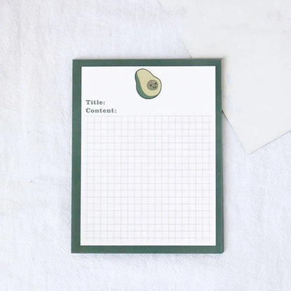 Cartoon design sticky note pads in avocado, bear, love heart, or small flower themes showing two size options
