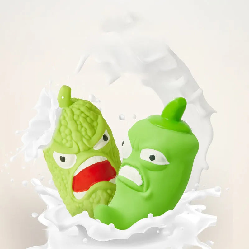 Bitter melon and chilli shaped dog toys with textured surfaces for tooth cleaning
