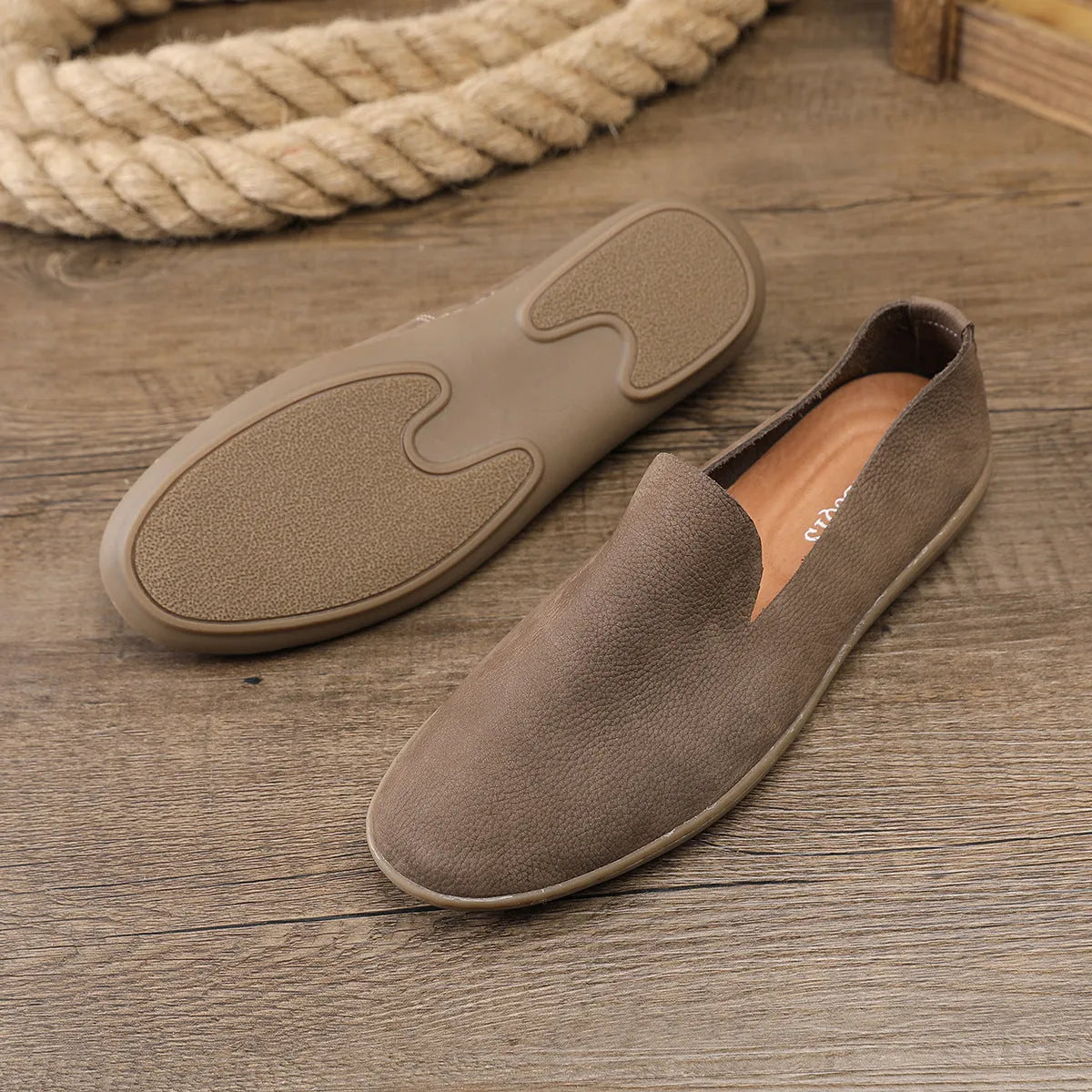 Men's handmade leather casual shoes in khaki colour with low top design and rubber sole