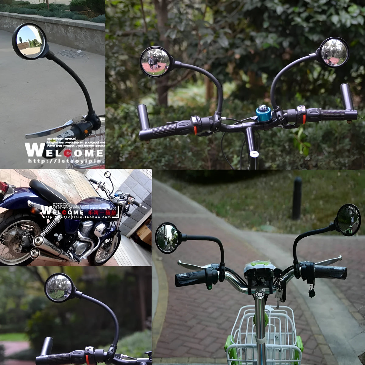 Black metal bicycle rearview mirror with hose adjustment mechanism for handlebar mounting