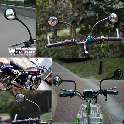Black metal bicycle rearview mirror with hose adjustment mechanism for handlebar mounting
