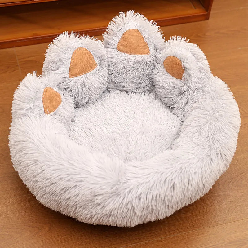 Round plush cloth dog bed in coffee colour, grey or pink, hand-shaped brush nest design, 50cm to 130cm diameter