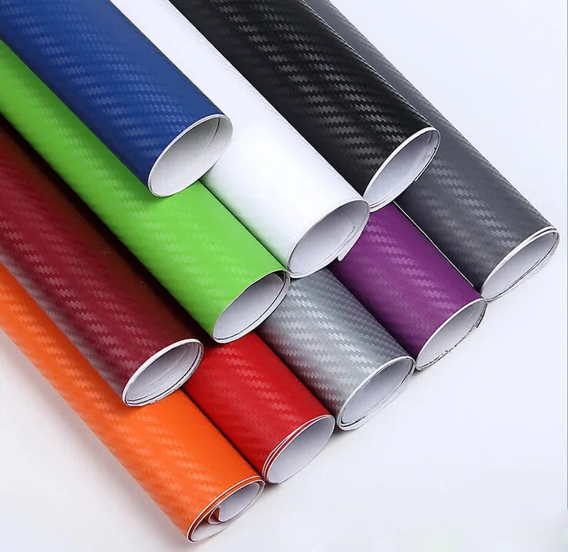 Carbon fibre car decoration sticker roll showing 3D texture in multiple colour options